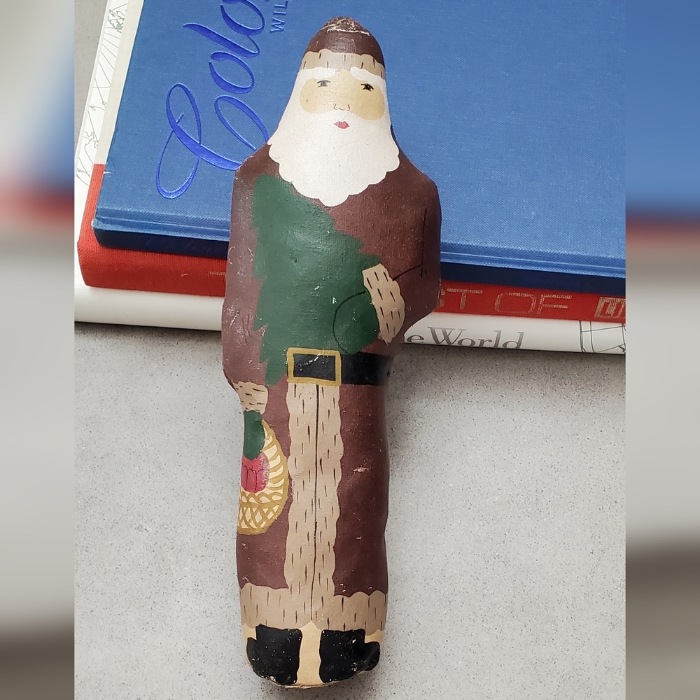 Vintage Hand-Painted Oil Cloth Canvas Santa Figure, Filled Punch Bag Style, 11"